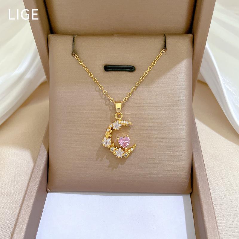 Star Moon Love Light Luxury Temperament Gorgeous Full Diamond Necklace Female Versatile Collarbone Chain Titanium Steel Chain