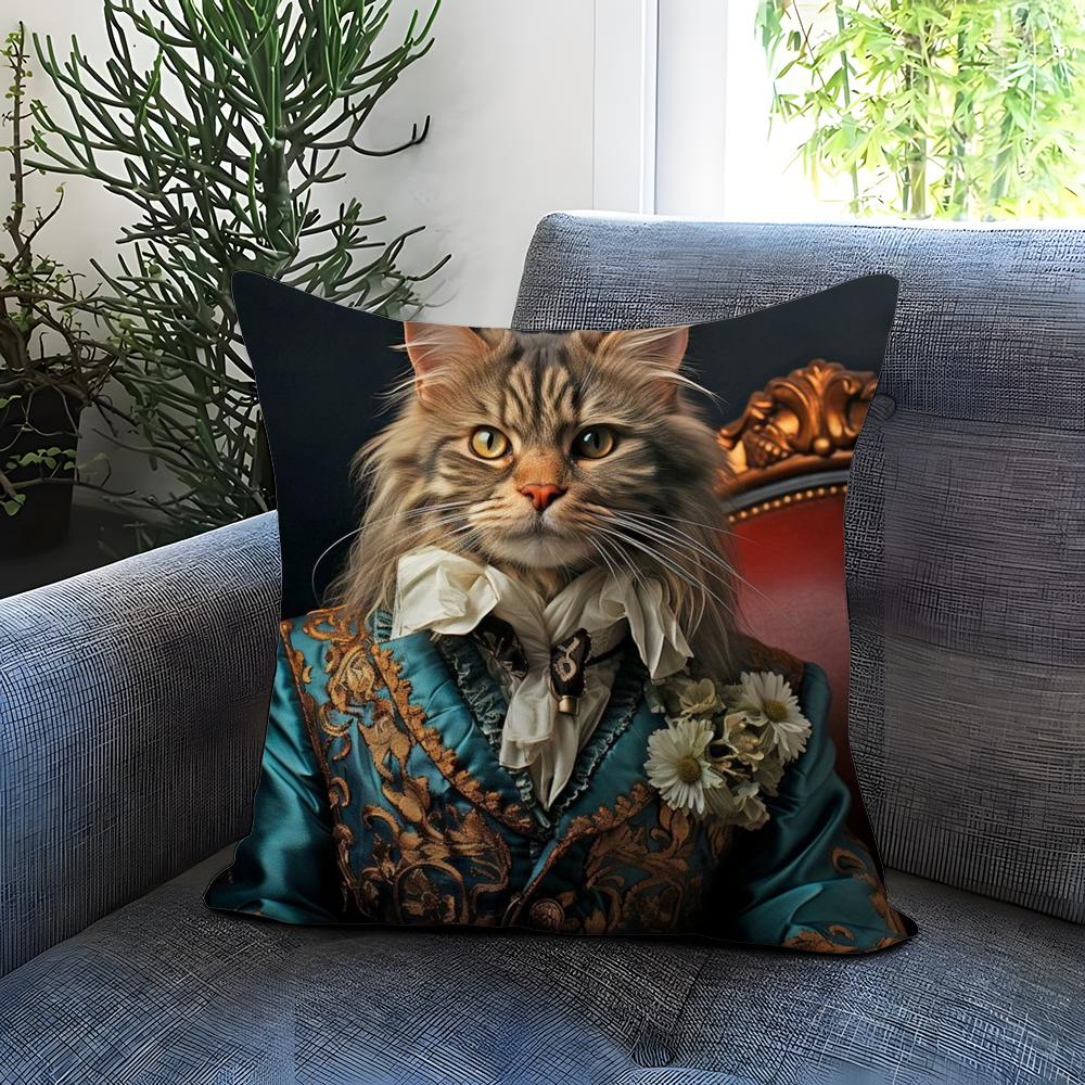 Renaissance Royal Cat Funny Cushion Cover Comfortable Reversible Pillow Cover Ideal for Car Sofa Bedroom & Beyond