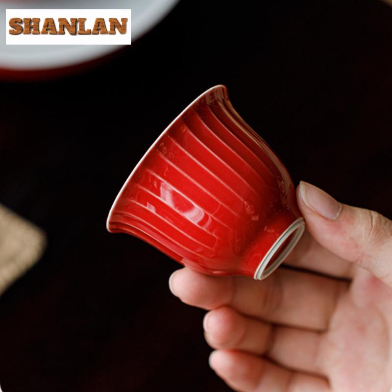 2 Stück/Los Rote Glasur Handbemalt Doppellinien-Teetasse Zen-Teeschale Kanne Teeverkostung Duftbecher Chazhan Meistertassen Teegeschirr 50ml