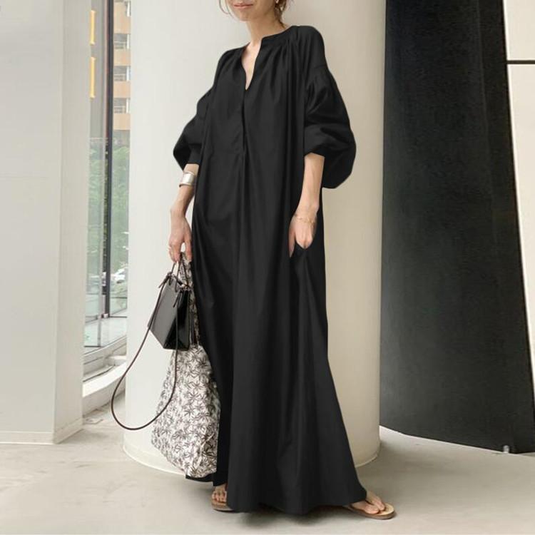 

YYFS Women s Fashion Spring Fall Solid Color Print Long Sleeve V-Neck Loose Waistline Casual Dresses XXXXXL чорний