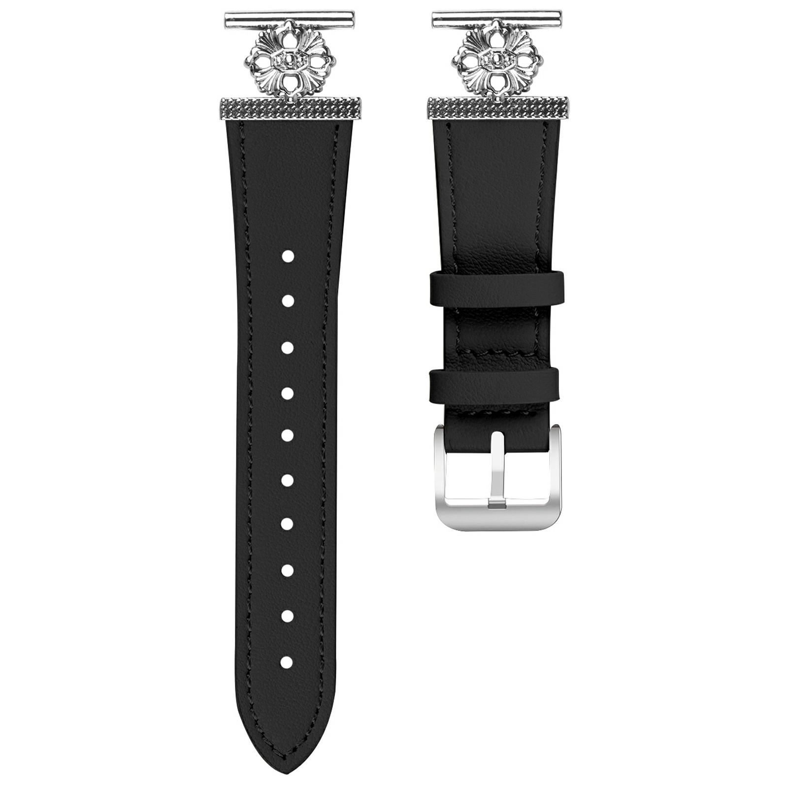 

For Huami Amazfit GTS 2 Watch Band Genuine Cow Leather Flower Decor Adjustable Strap Black
