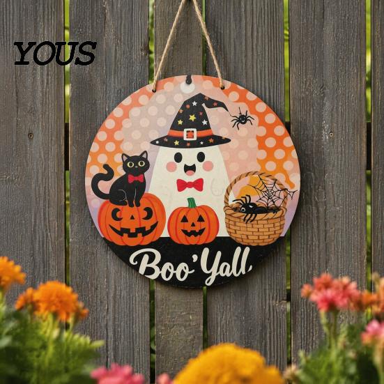 Seasonal Window Display Sign Halloween Boo Wood Door Hanger with Cute Ghost Black Hat Pumpkin Print, Front Creative Holiday Party Decor Porch