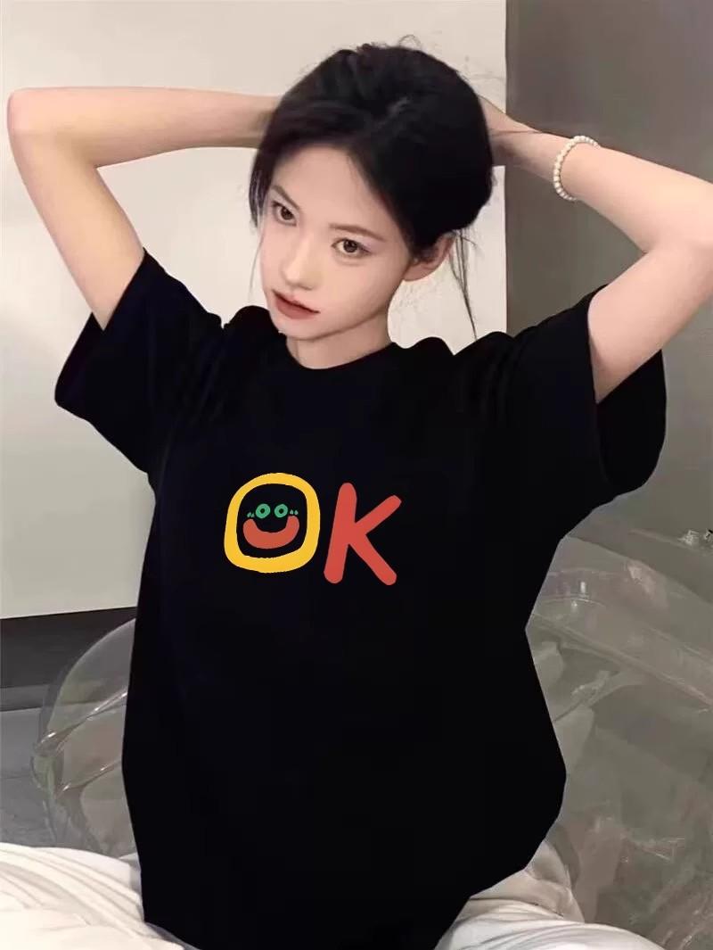 

Pure cotton American retro high street black short-sleeved t-shirt women s new summer design loose large size half-sleeved top M чёрный