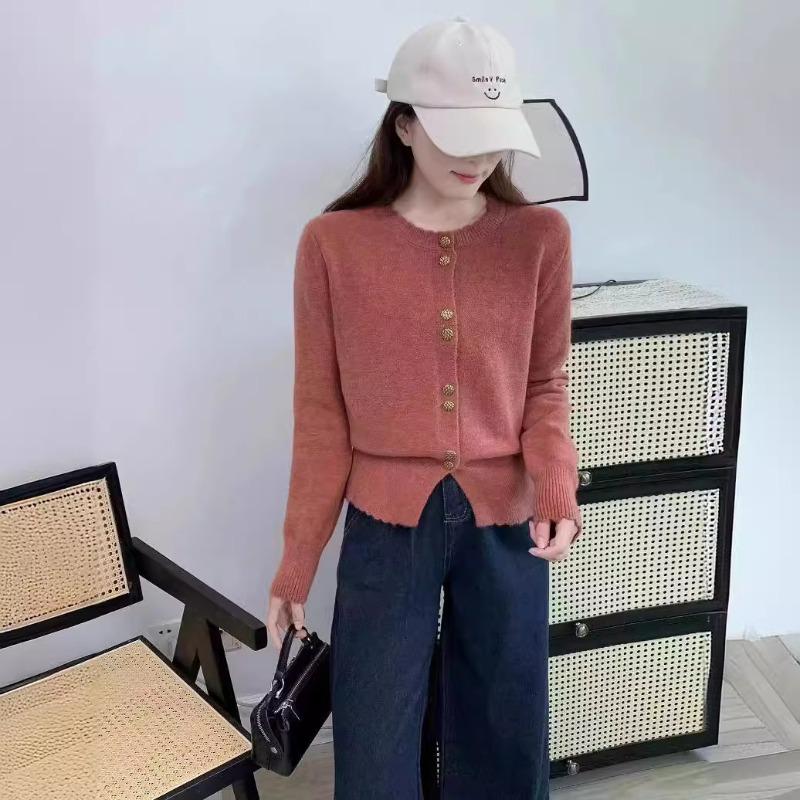 Chic Design Button Sweater Jacket Women's Lace Round Neck Waist Short Knitted Cardigan Tide