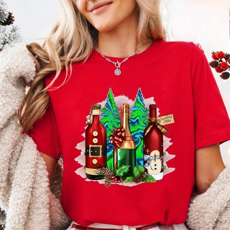 Lumières de Noël Verre à Vin Rouge T-shirt Femme Mode Fête de Noël Tops Harajuku Esthétique Décontractée Hauts de Fête pour Femmes