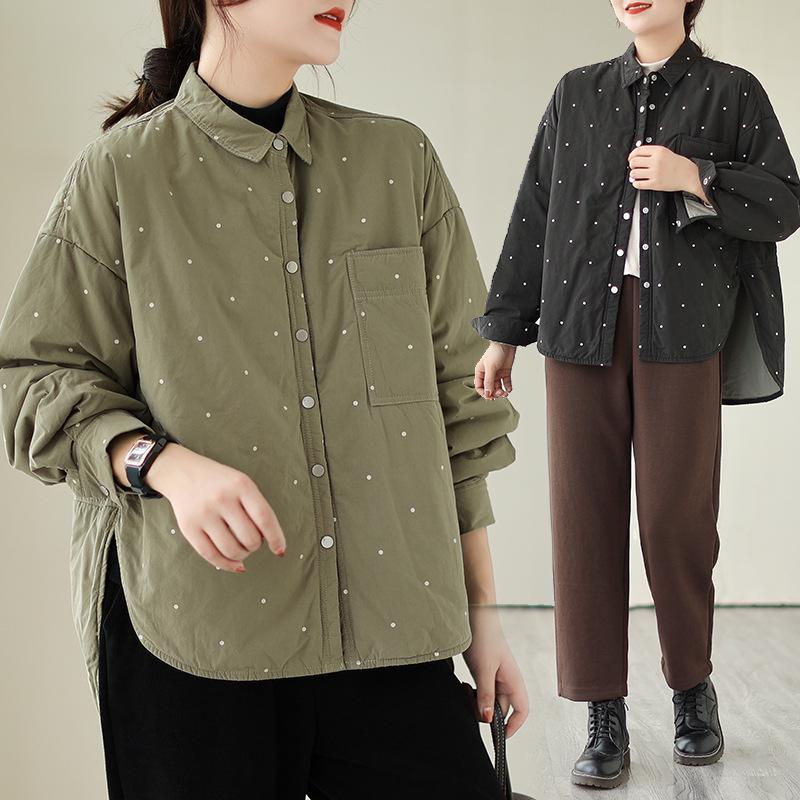 Gesteppte Polka-Dot-Print Damen Übergröße Baumwoll-Hemdjacke