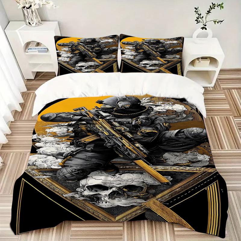 3pcs Golden Skull Tactical Gear Home Decor Bedding Set-Perfect for Bedroom, Guest Room, Living Room, Hotel Use-Ideal Gift for Fans, Traveler