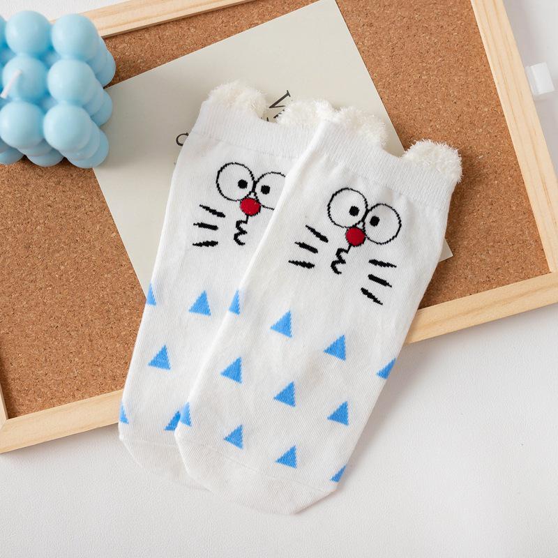 Women's Blue Fat Cat Cartoon Socks – Cute 3D Ears, Feather Yarn, All Cotton, Low-Cut Boat Style