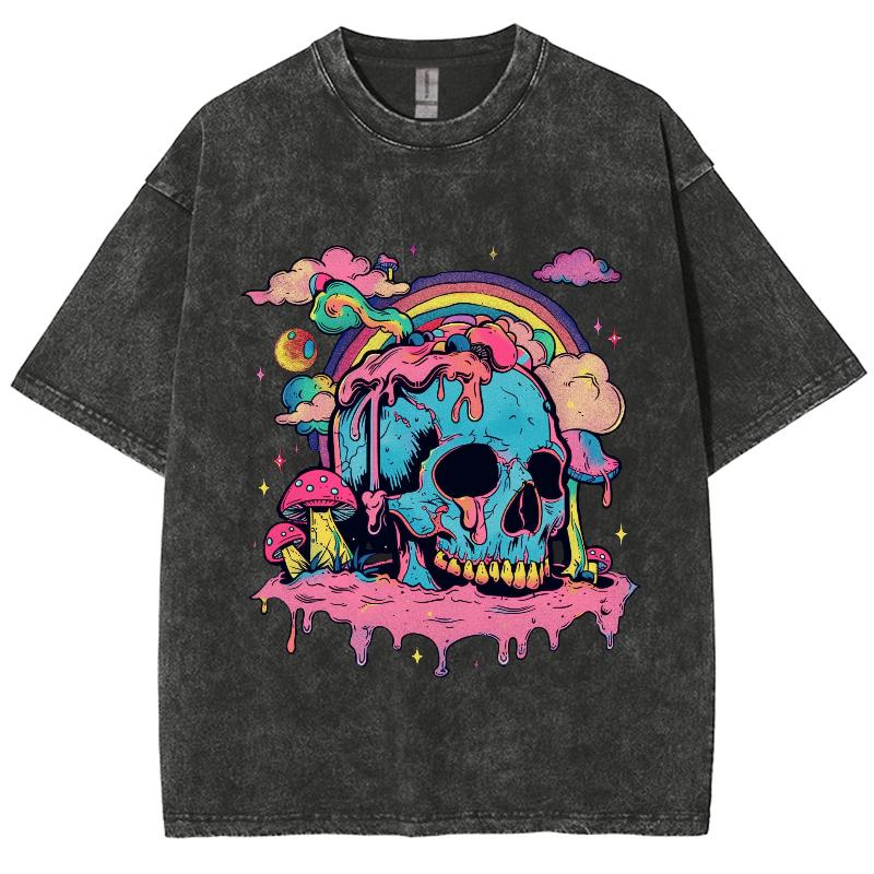 Barevné Kreslené Lebky Potisk Dámské Tričko Volné Oversized Prané Vysoce Kvalitní Krátký Rukáv Letní Módní Top
