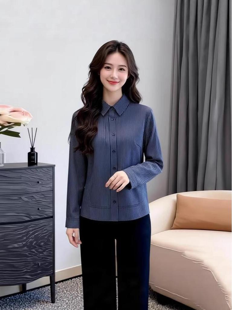 2025 Women's Fleece-Lined Long-Sleeve Shirt - Autumn/Winter Vertical Stripes, Lapel, Warm & Versatile for Commuting