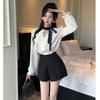 Chic Black & White French V-Neck Bow Shirt with High-Waisted Shorts Set
