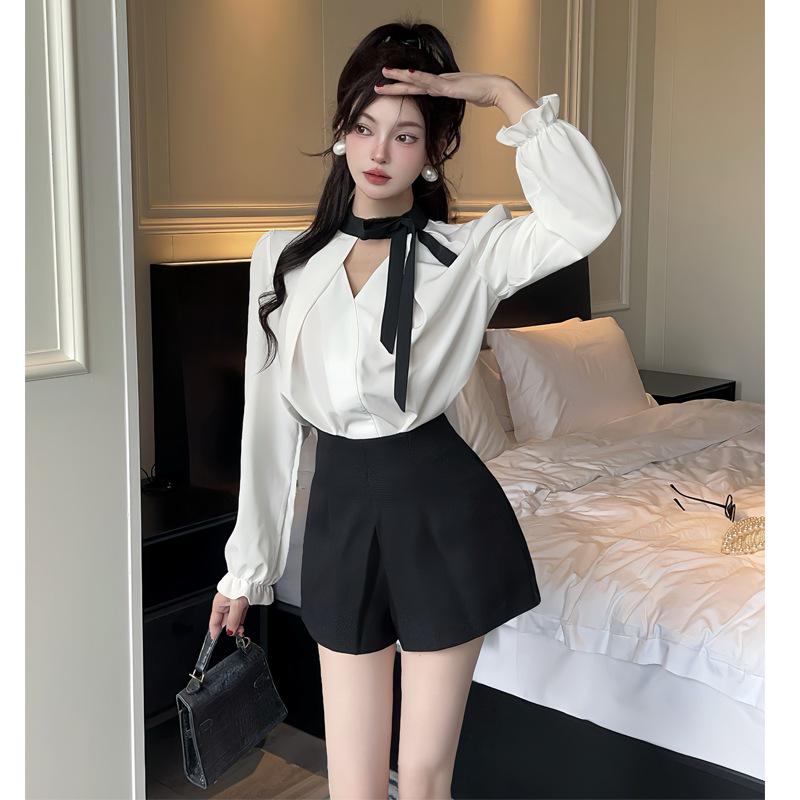 Chic Black & White French V-Neck Bow Shirt with High-Waisted Shorts Set