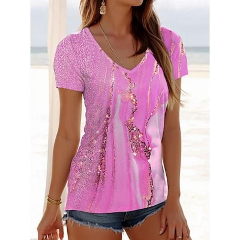 

Женская футболка с графическим мрамором, повседневная, с коротким рукавом, V-образным вырезом, обычные топы, повседневный принт, розовый, синий, фиолетовый, лето, весна M