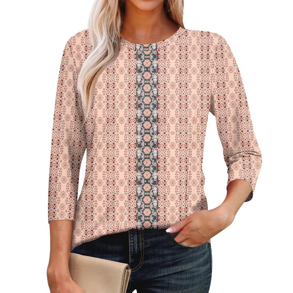 Women's Fashion Casual 3/4 Sleeve Tops Pleated Fashion Clothing T-shirt Tops