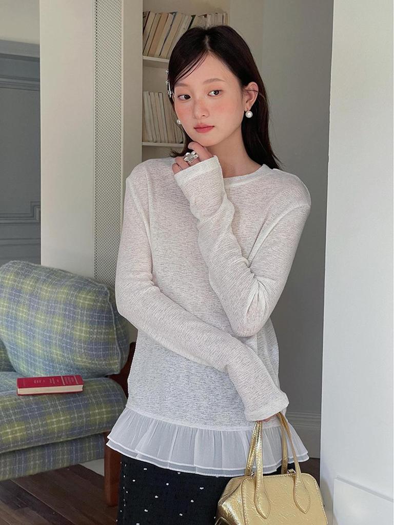 French Retro Lace Trim Round Neck Long Sleeve T-shirt for Women - Autumn Base Layer Shirt