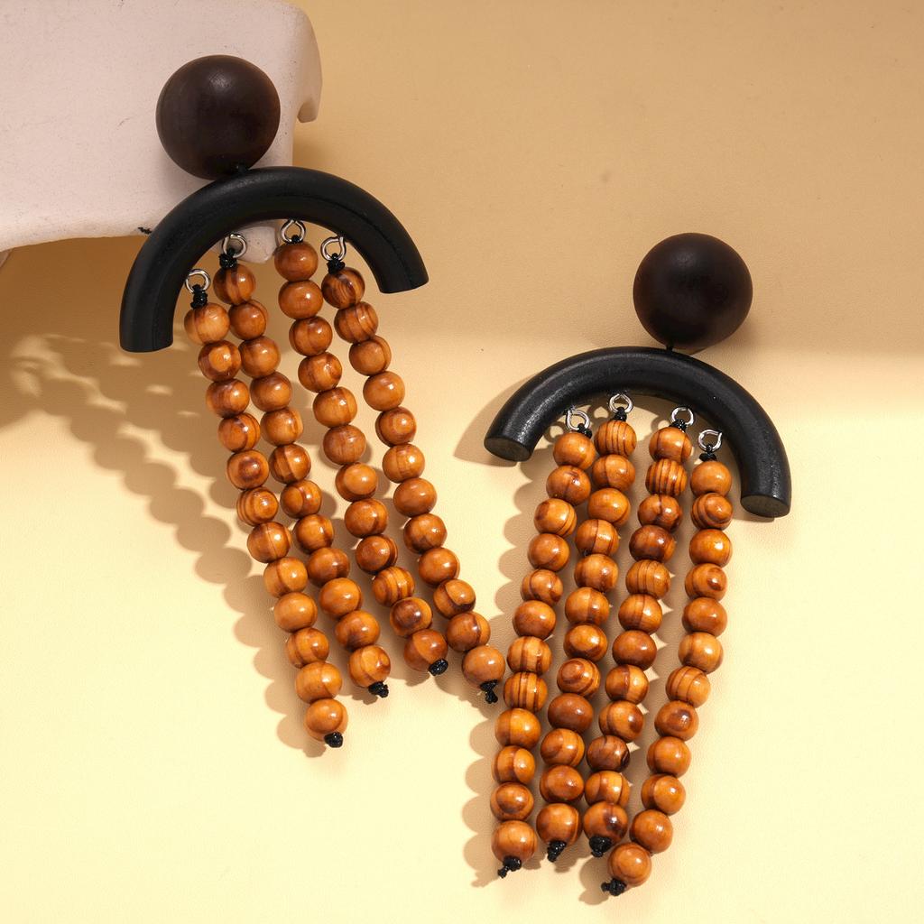 Exaggerated wood beads beaded fringed silver needle earrings bohemian retro ethnic style niche earrings
