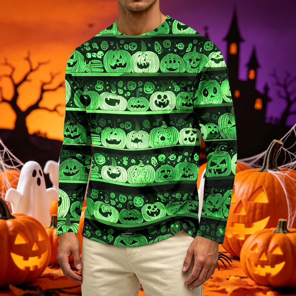 Men's Casual Long Sleeve Crew Neck T Shirt Halloween Pumpkin Ghost Print Lightweight Comfortable Fit Top