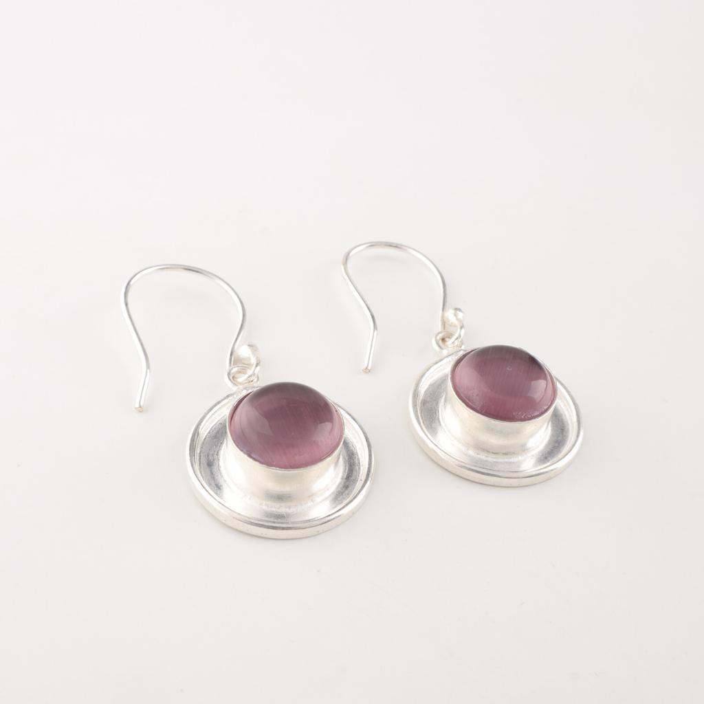 Purple Cat's Eye 925 Fine Silver Gemstone Jewelry Handmade Round Earrings 1.40" EE-4-47