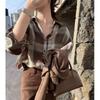 Brown Plaid Oversized Long Sleeve Shirt Casual Button Down Blouse Daily Fashion Wear Women