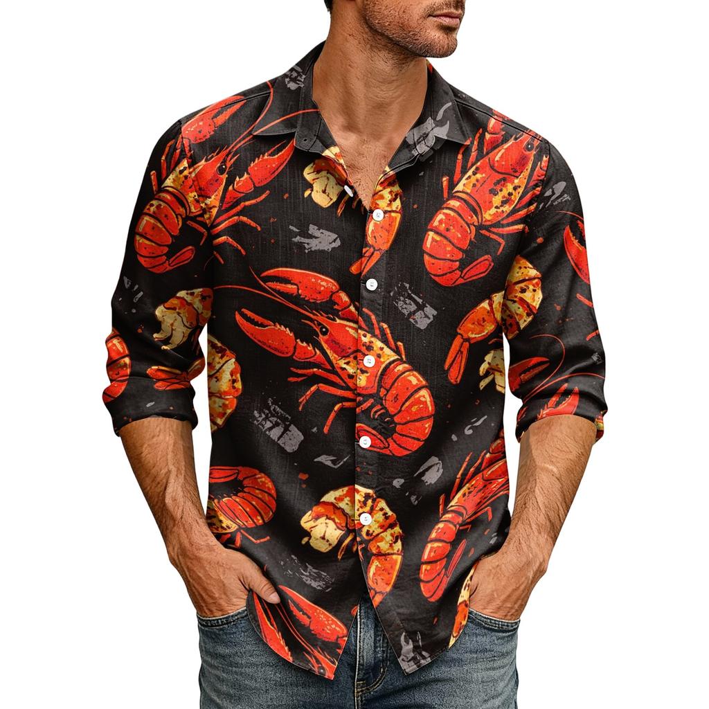 Men's Long Sleeve Hawaiian Shirt Lobster Print Button Down Collar Casual Beach Shirt for Summer Vacation and Outdoor Activities