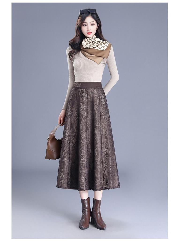 2025 Spring A-Line Skirt: Wool Front, Lace Back, Half-Elastic Waist, Long Skirt.