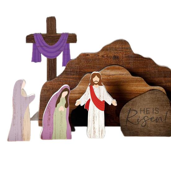 9Pcs/Set Empty Tomb Jesus Decoration Easter He Is Risen Wooden Table Sign Home Office Tabletop Resurrection Scene Christian Religious Ornament