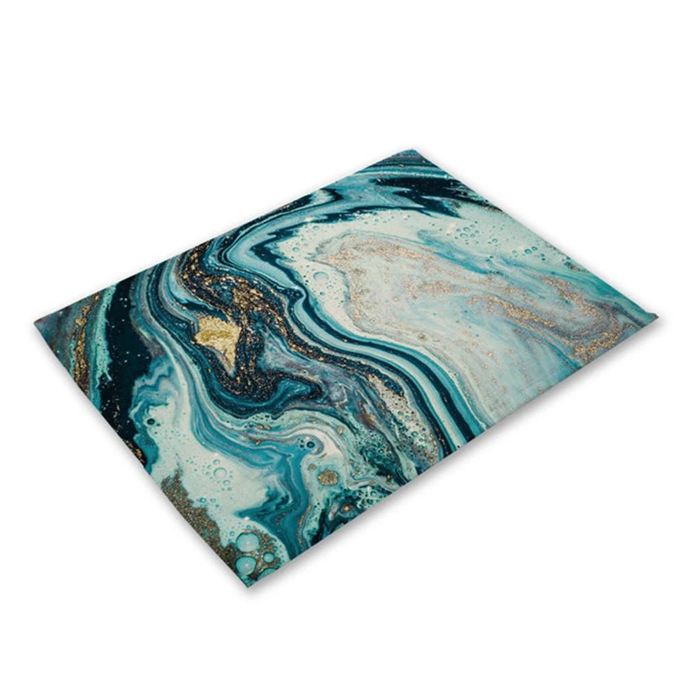 Green Rose Pink Marble Printing Linen Placemat for Dining Table Drink Coaster Home Decor Dining Mat Modern Kitchen Cup Pads