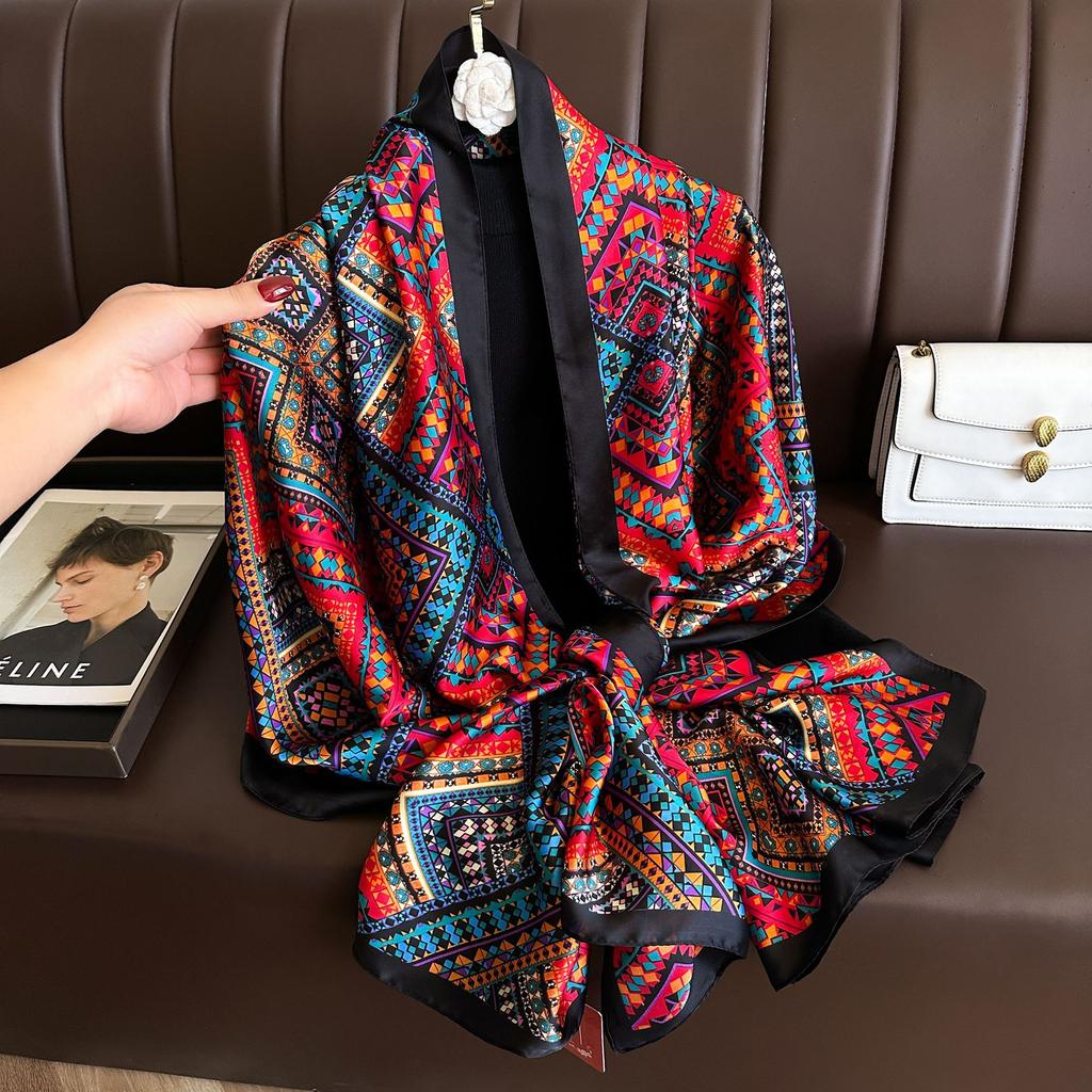 Long Silk Scarf Spring and Summer Thin Style Printed Scarf Beautiful Brocade Lotus Shawl Imitation Silk Scarf Gauze Scarf