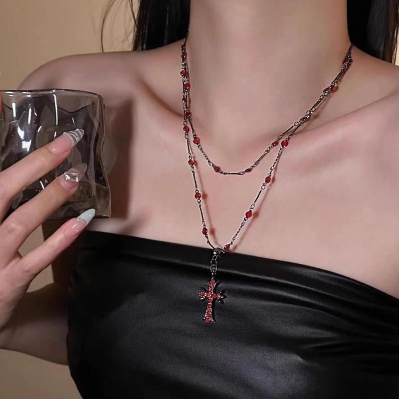 Double Layer Crosses Pearls Necklace Elegant Stacked Jewelry Double Layer Chain Necklace For Women Fashion Accessory