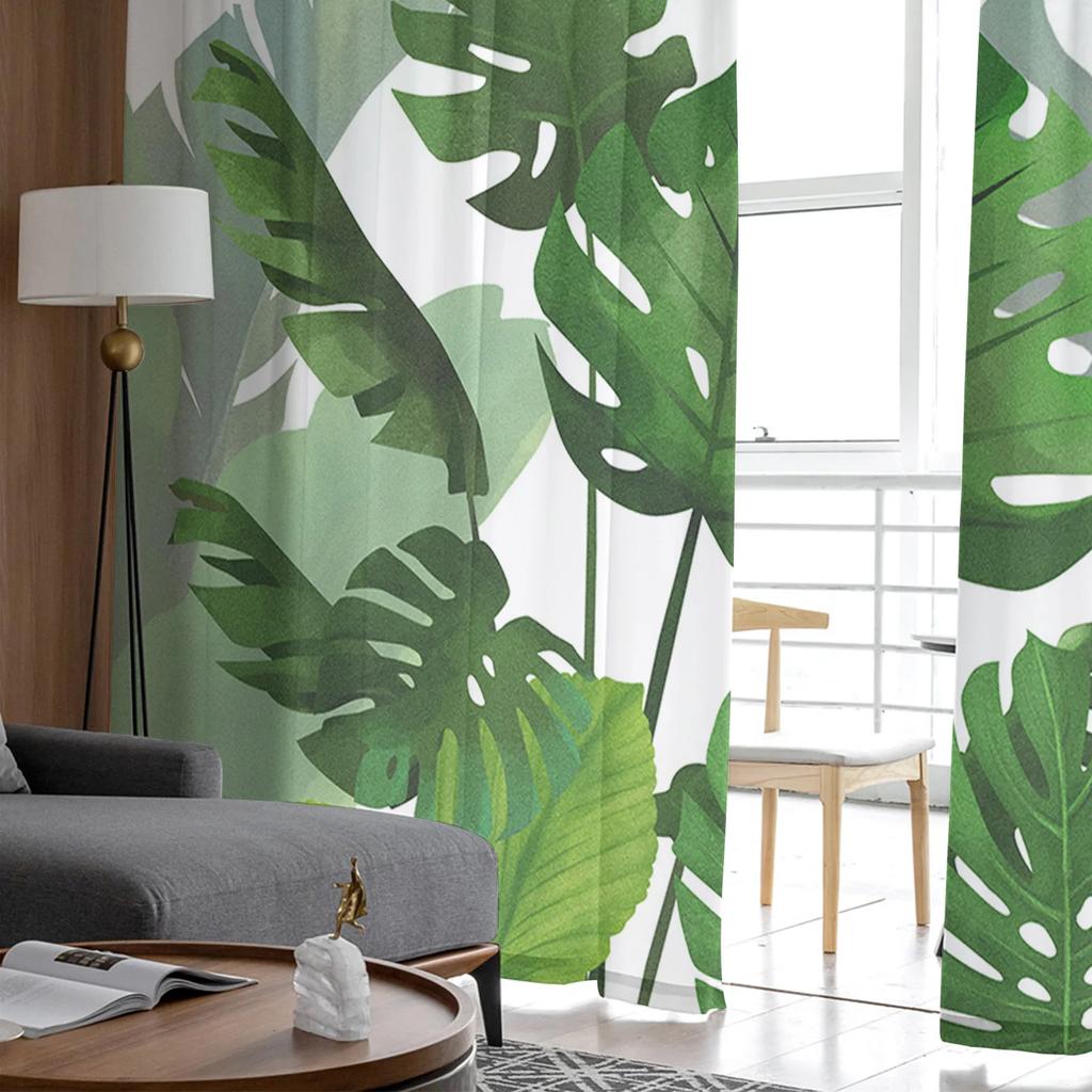 Luxury Tropical Plants Monstera Palm Leaves Curtains Living Room Printed Tulle Window Curtain Home Balcony Decor Drapes With Sheer Polyester Perfect