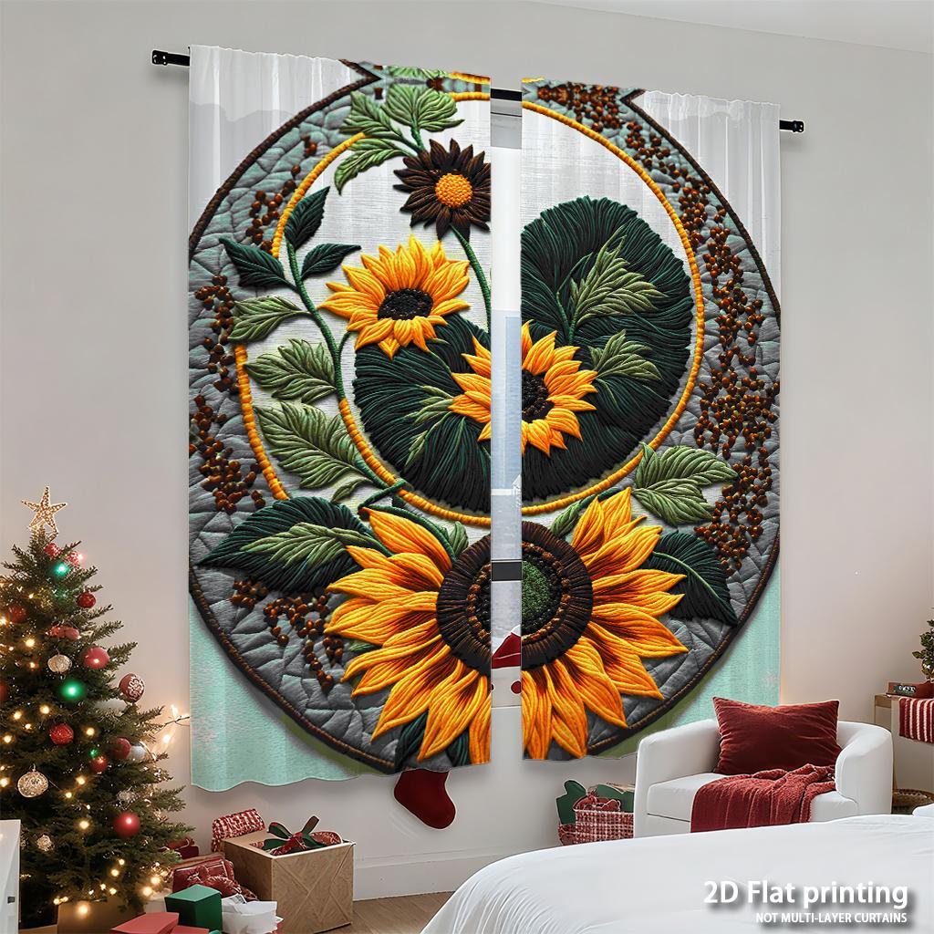Piece Set High Definition Digital Printed Curtainsround Embroidery Sunflower Yellow Green Curtainhome Decoration Curtain Polyester With Rod Pocket
