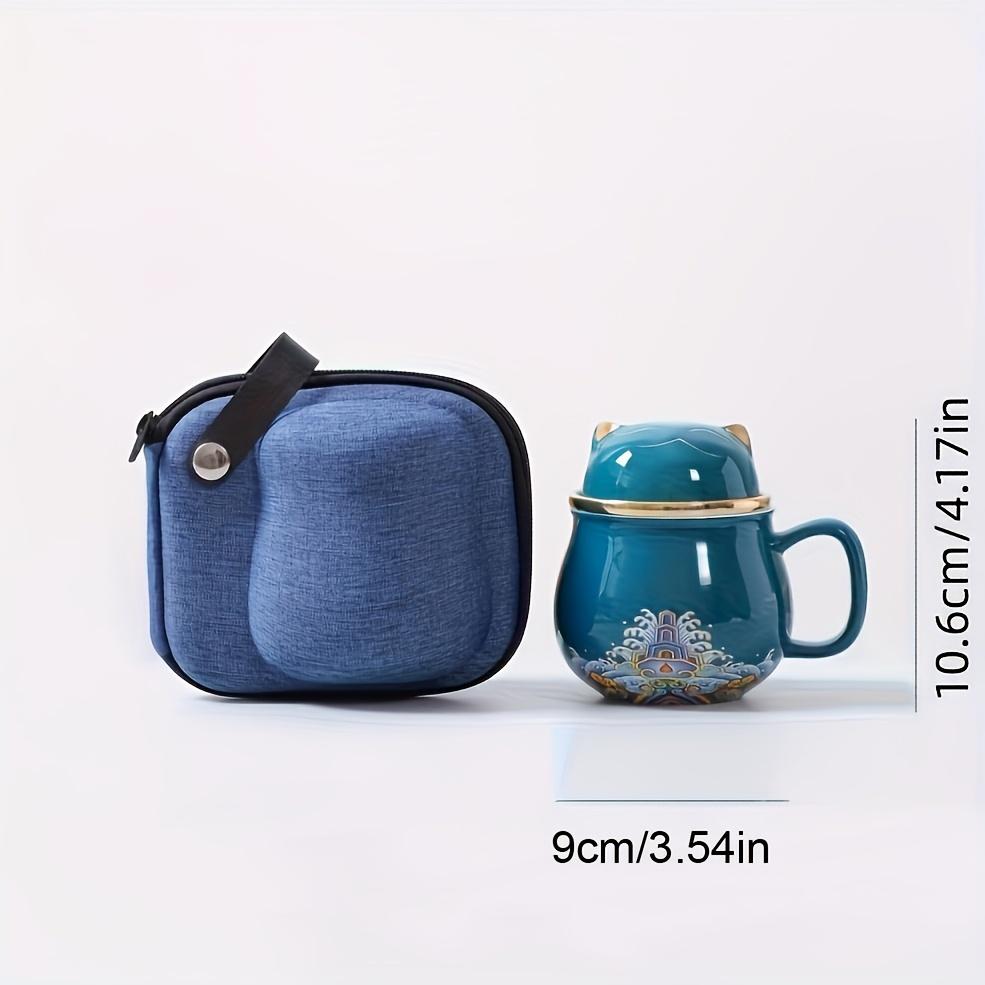 Set, Chinese Fortune Cat Tea Mug with Travel Bag, Ceramic Tea Cup with Infuser and Lid, Portable Drinkware