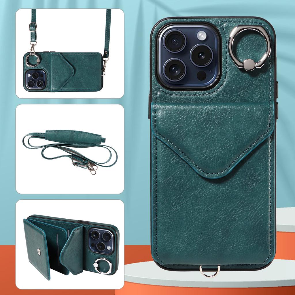 Suitable for iPhone16 Mobile Phone Case 15plus Lychee Pattern Ring Buckle Card Bag Diagonal Span Protective Case 14Pro
