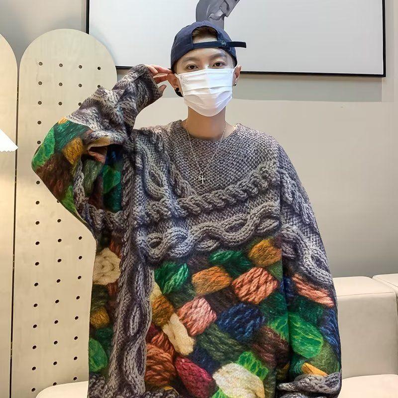 3D tištěný pánský svetr s kulatým výstřihem volný oversized vintage pulovr pletený top