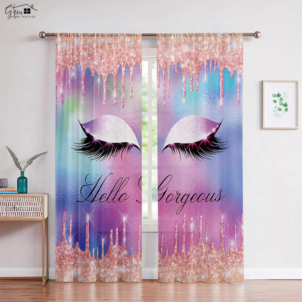 2 Pack Colorful Shiny Eyelashes Cartoon Print Curtain Rod Pocket Bedroom Living Room Kitchen Kids Room Decorative Curtains