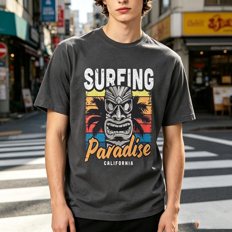 Surfing Paradise California Tiki Mask Palm Tree Vintage Graphic T Shirt Unisex Unisex Cotton Short Sleeve Tee Beach Surf Casual