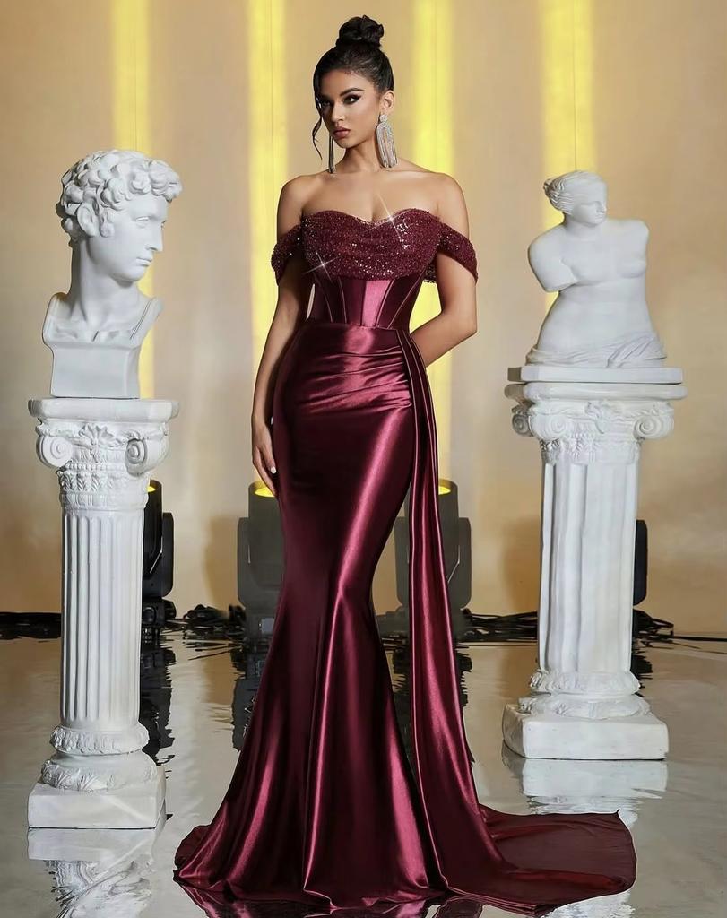 Evening dress one-word shoulder satin fishbone fishtail dress toast banquet prom evening dress plus size