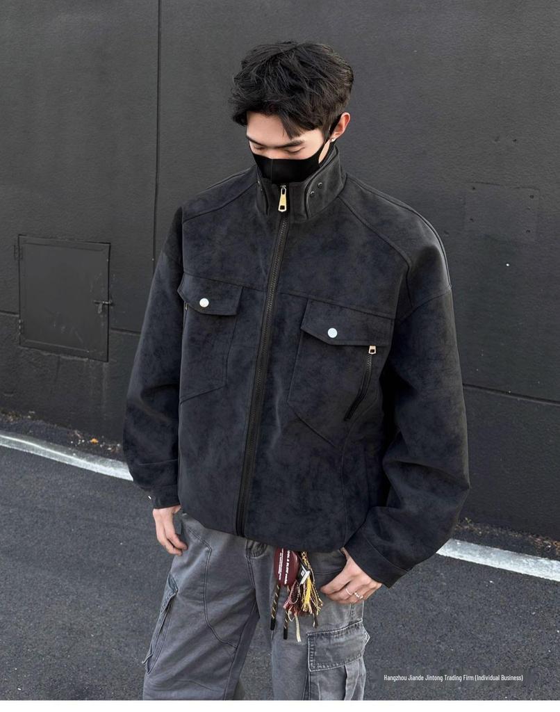 SWAMP AREA Matte Velvety PU Leather Men's Retro American Workwear Jacket - Autumn/Winter Style