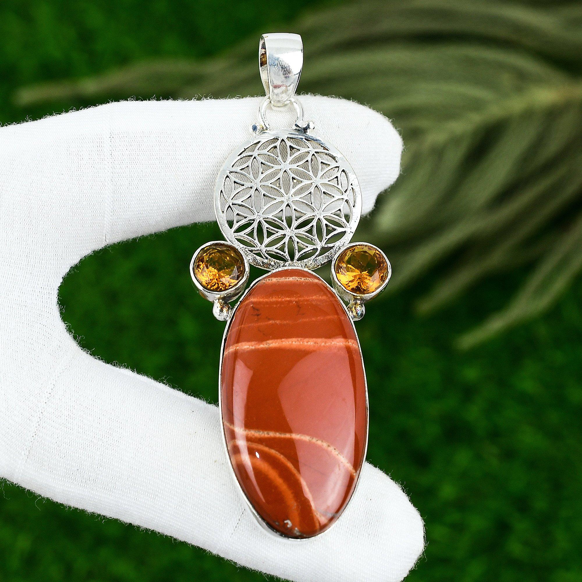 

Natural Red Snakeskin Jasper Honey Topaz Sterling Silver Bezel Pendant Jewelry
