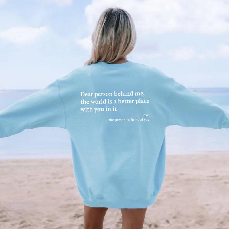 Women's Fleece-Lined Slogan Sweatshirt - Plain Color, Round Neck
