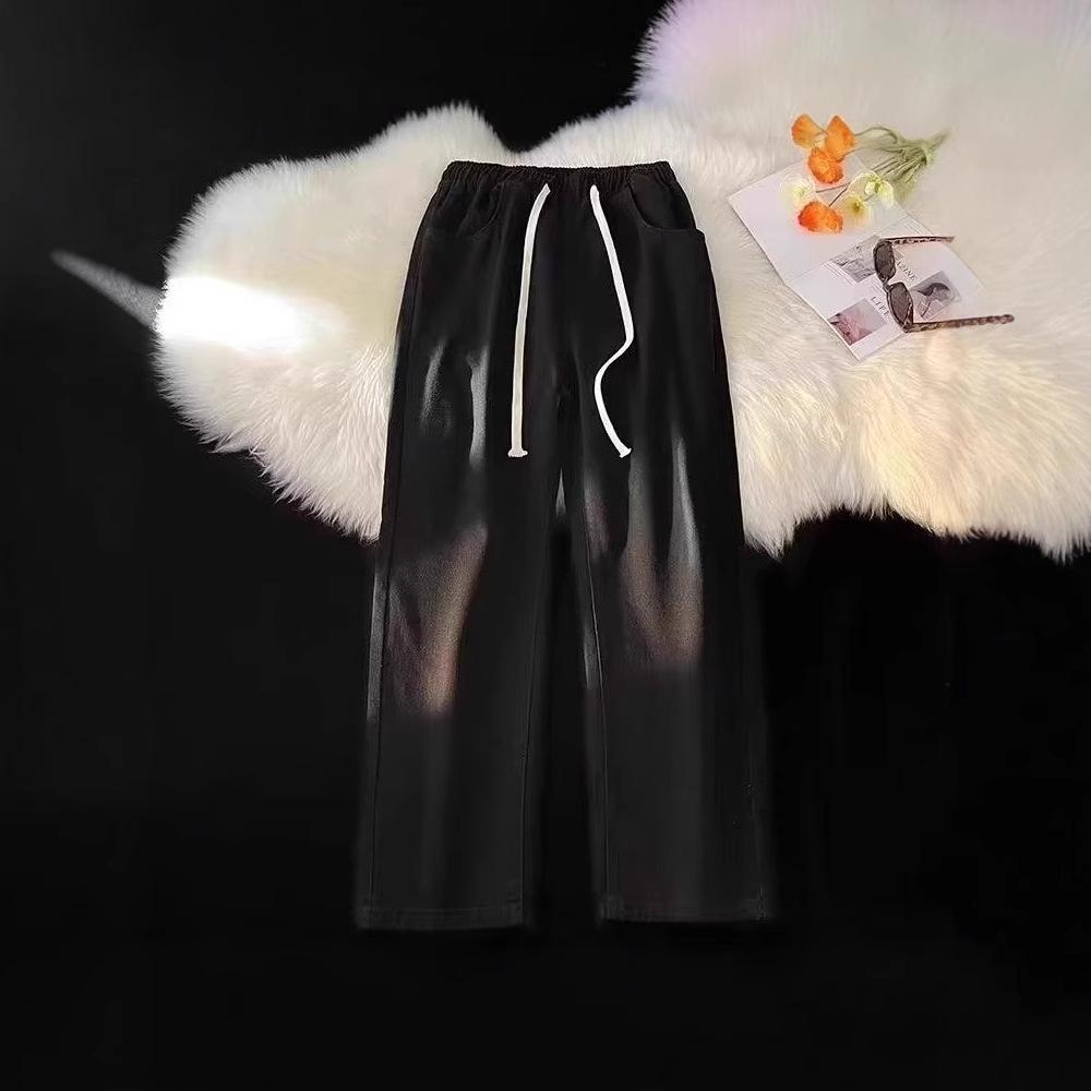Women's Black Elastic Waist Wide-Leg Jeans – Loose-Fit, Slimming, Thick Fabric for Spring & Autumn