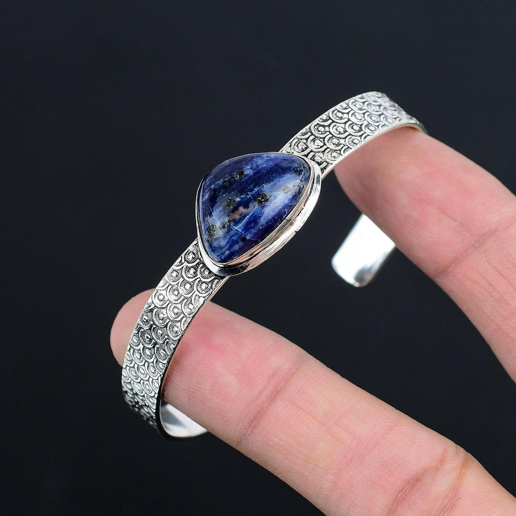 Third Eye Chakra Natural Sodalite 925 Silver Handmade Art Deco Unique New Bangle
