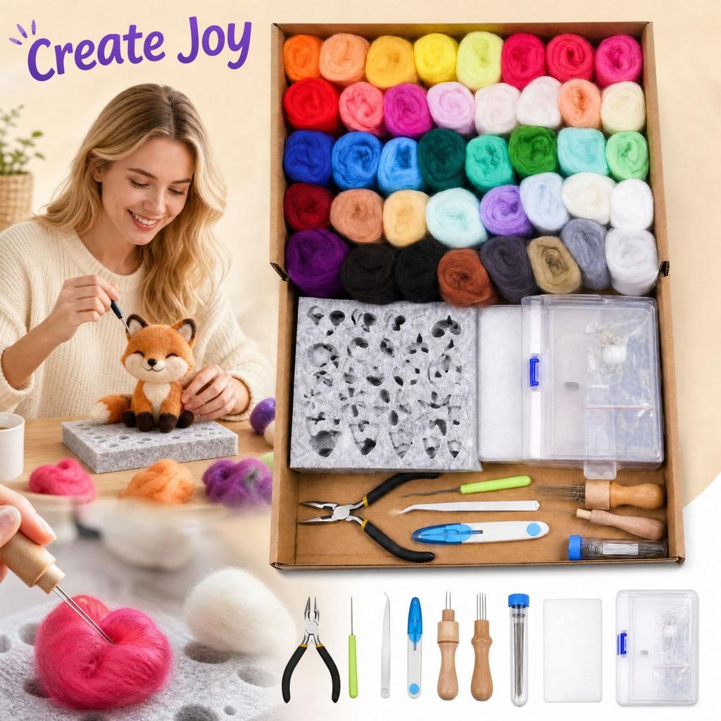 Needle Felting Kit with Wool and Tools for DIY Projects