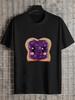 1pc Casual Black T-shirt with Playful Jelly Face & Toast Slice Graphic - 180g Cotton Crew Neck Short Sleeve Tee