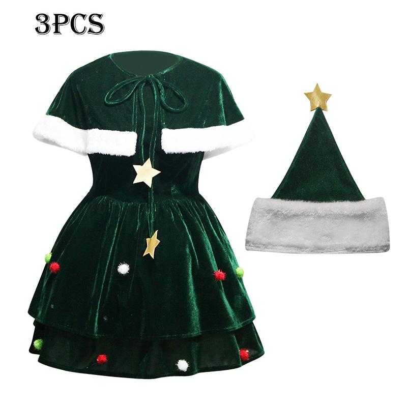 

Luxury Xmas Velvet Women Christmas Tree Outfit Dress Cloak Hat Party Props Plus Size 3XL