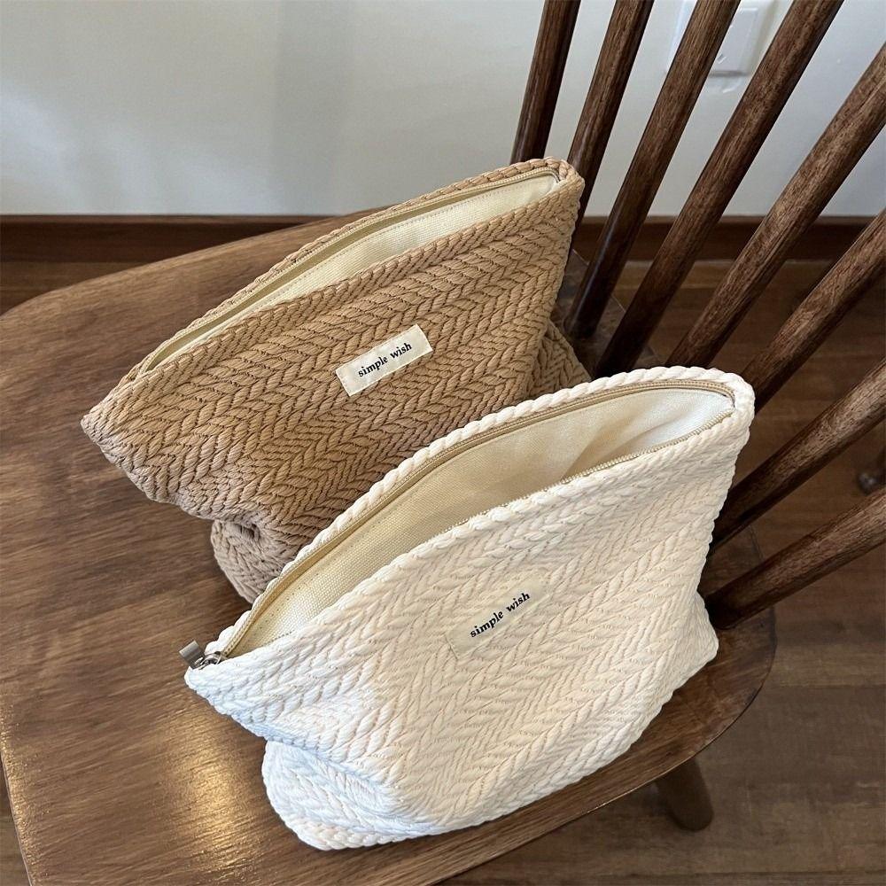 Woven Fabric Makeup Bag for Women Solid Color Canvas Clutch Bag Toiletry Storage Bag  Travel