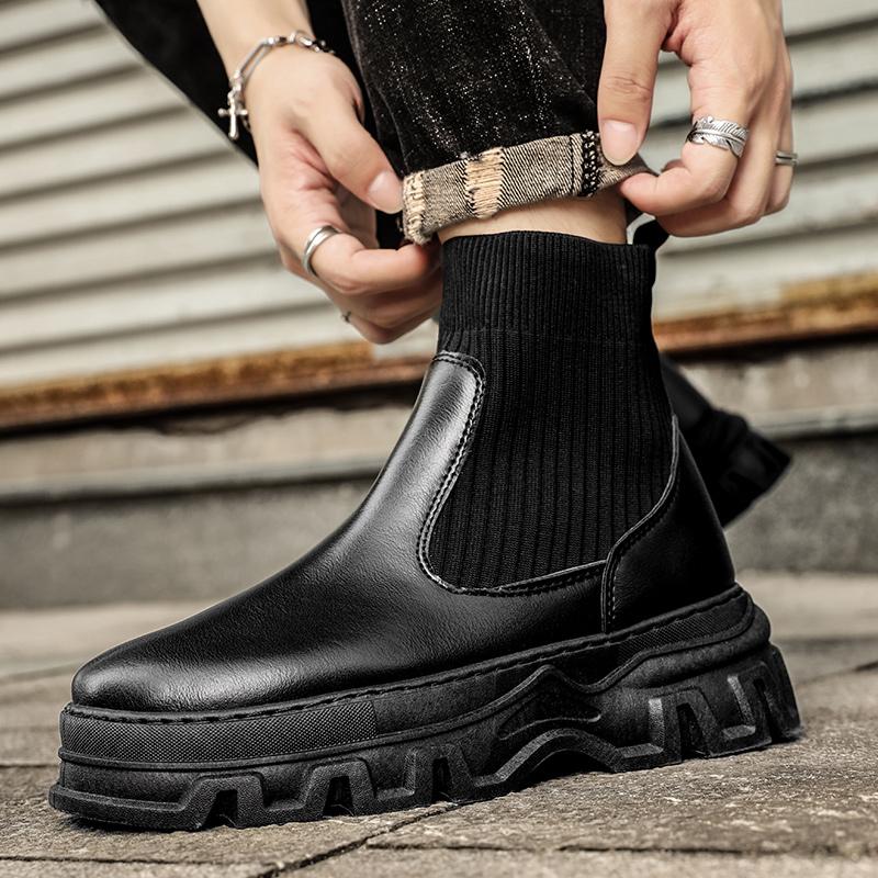 Autumn Winter Men's Chelsea Boots Fashion Designer Socks Boots Men Black Leather Ankle Boots Street High Top Tooling Shoes Men