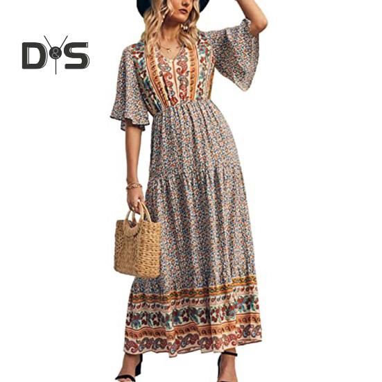 Dámské šaty Etnický bohémský styl Potisk Výstřih do V Krátké rukávy Pružný pas Skládaný Patchwork Maxi šaty A-line Letní dovolená Plážové šaty