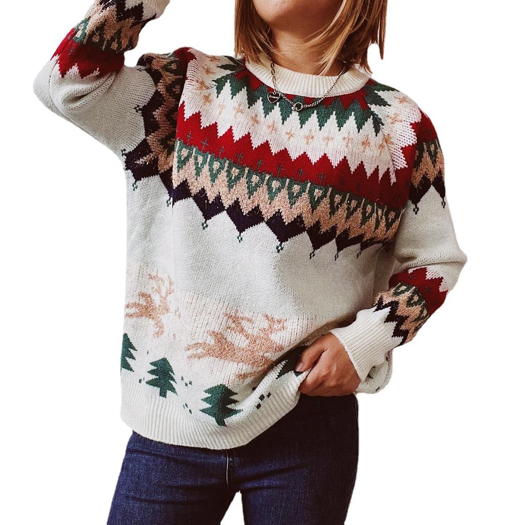 Women's New Year's Christmas Sweater with Thick Shoulder Sleeves, Reindeer Christmas Tree Gold Thread Pullover Sweater 3504