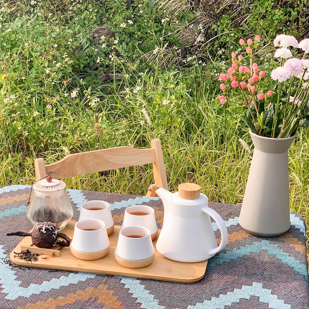 SOTECH Outdoor Travel Tea Set, Modern Chinese Tea Set with Elegant Ceramic Teapot, Teacups with Wooden Coasters, Glass Tea Tin, and Wooden Arm Metal